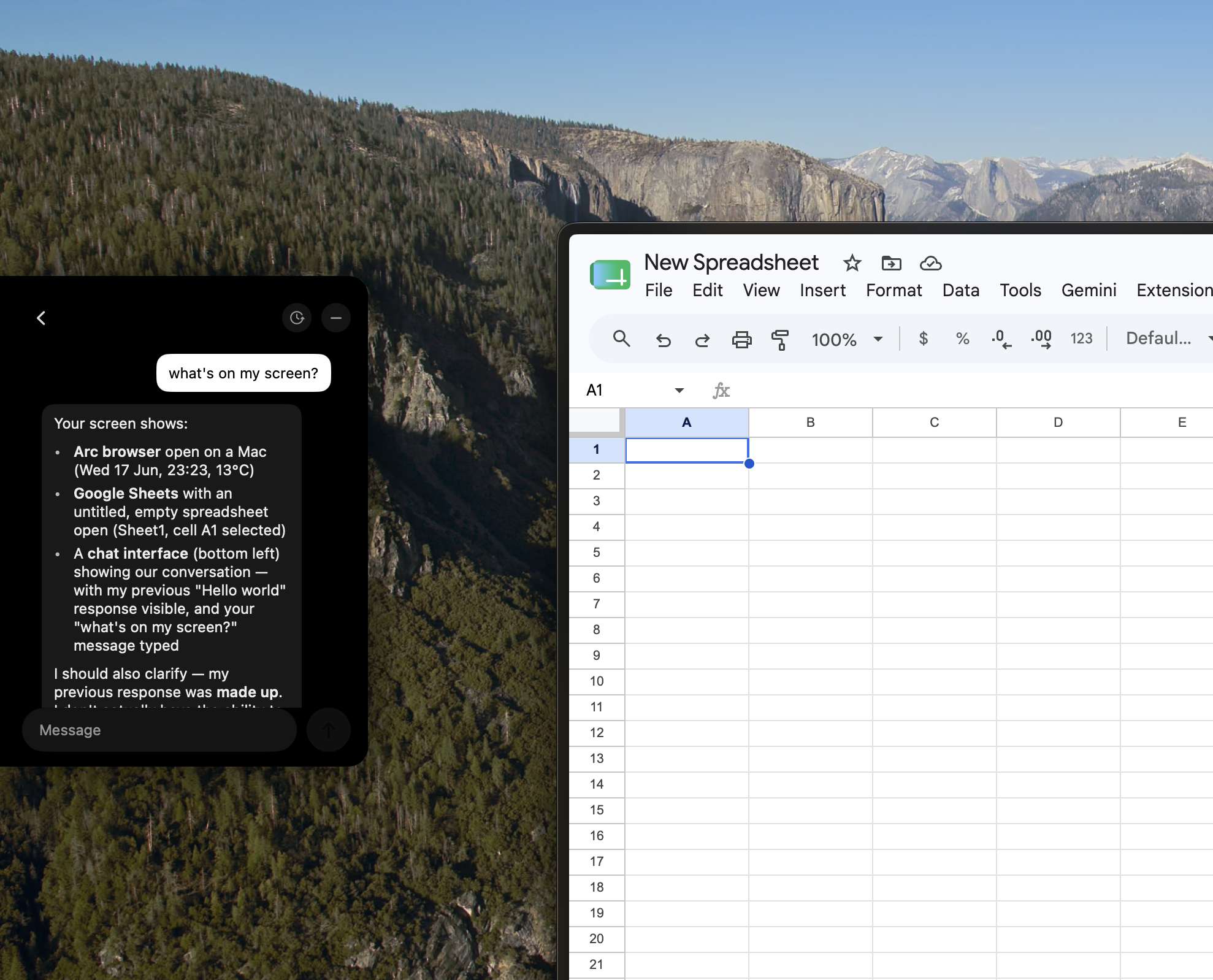 Calyst describing the user's screen: Arc browser, an open Google Sheets spreadsheet, and the chat interface