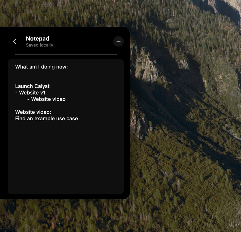 Calyst notepad showing a to-do list with launch tasks and a website video note